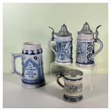 (4pc) METTLACH STEINS | Four blue and grey stoneware Mettlach steins from Germany, with pewter lids 