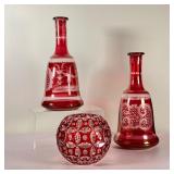 (3pc) CRANBERRY GLASS | Cut cranberry glass, including a pair of point bottles and a round vase 