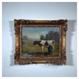 GERMAN SCHOOL PAINTING OF A COW | Farmer milking a cow Oil on canvas Signed lower right 12 x 10 in. 
