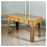 WICKER DESK | Wicker & bamboo-style writing table having two drawers with an inset glass top - l. 48