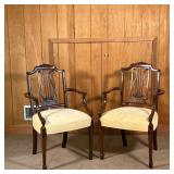 (2pc) HARP BACK CHAIRS | Carved wood armchairs - l. 22 x w. 21 x h. 38 in.  