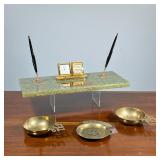 (4pc) GREEN ONYX DESK SET | Heavy green onyx desk set featuring a clock and date display (the clock 