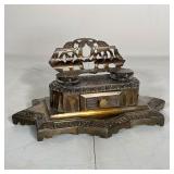 ANTIQUE STANDISH | Mixed metal antique Standish with pen holder, two inkwells, a single drawer