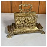 BRASS DESK ORGANIZER | Brass letter holder with two open work dividers for papers and letters