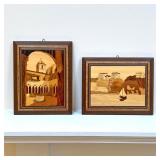 (2pc) PAIR PARQUETRY PLAQUES | Meta di Sorrento, Italian inlaid wood scenes with "Miss Bellevue" 