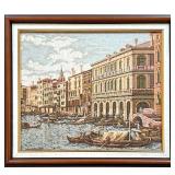 NEEDLEPOINT OF VENICE | Needlepoint embroidered Venetian canal scene - w. 18.5 x h. 16.5 in. (frame)