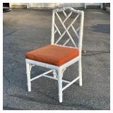 JONATHAN ADLER SIDE CHAIR | Bamboo style lacquered fretwork white side chair with a saffron 