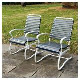 (2pc) PAIR STRAP PATIO CHAIRS | Cantilever outdoor lounge / armchairs with white frame and navy blue