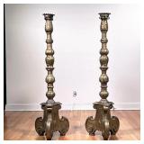 (2pc) FLOOR CANDLE HOLDERS | Tall wood column candle holders, with distressed gold paint 