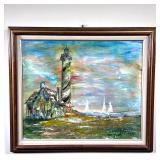 LARRY KENT OIL PAINTING | Seascape oil on canvas painting with a lighthouse signed lower right "