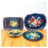 (4pc) TOLE PAINTED TRAYS | With floral decorations, some signed - l. 23 in. (largest)