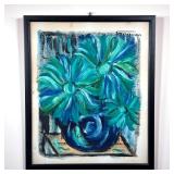 STILL LIFE MIXED MEDIA | French mixed media painting of blue flowers on paper and newspaper; signed 