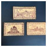 (3pc) RUSSIAN BIRCH ILLUSTRATIONS | Carved wood architectural and landscape scenes, with leather