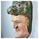 CARVED ASIAN MASK | Polychrome wood carved mask of man wearing head of an animal - l. 8 x w. 8 x h. 