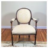 French Bergere Chair | Wood frame with ribbon and acanthus leaf carvings, cushioned upholstery Dimen
