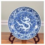 Blue & White Dragon Dish | Chinese blue and white porcelain dish with central dragon motif and drago