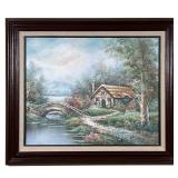 C. Manning Riverscape Painting | Showing a cottage with a thatched roof beside a bridge and riversca