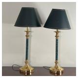 (2pc) Pair Brass Lamps | A pair of brass table lamps with green marble / stone columns with black sh