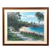 Hawaiian Giclee Painting | Coastal landscape giclee print in a wooden frame, with inscription dated 