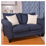 Fusion Furniture Blue Twill Loveseat | Blue sofa / couch of small size with a pair of striped pillow