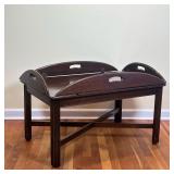 Butlers Tray Table | Dark wood side / low table, folding hand hold sides collapse down to a flat sur