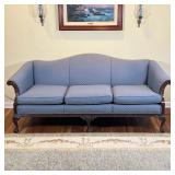 Chippendale Style Camelback Sofa | Ball and claw feet, outset arms, blue pattern upholstery Dimensio