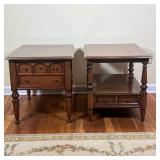 (2pc) Low Form Side Tables | One with a single drawer and open medial shelf, the other with a large 