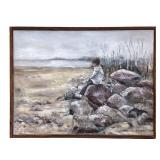 D. Barrett Oil Painting | Oil on canvas painting showing a boy before a winter beach scene, in a dri