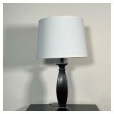 (2pc) Pair Wooden Lamps | Dark finish wood table lamps with white shades Dimensions: h. 25 x dia. 14