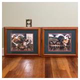 (2pc) Pair Rooster Art | Art prints matted in wood frames, showing one rooster with a picnic basket 