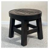 Carved Low Stool | Carved wood round stool Dimensions: h. 10 x dia. 12 in 