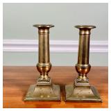 (2pc) Brass Candle Sticks | A pair of brass candle holders with square bases Dimensions: h. 7 in 