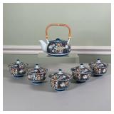 (6pc) Japanese Tea Set | One teapot with wood handle and five lidded cups Dimensions: l. 7 in (teapo