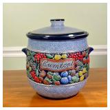 Colorful Rumtopf Pot | Lidded Rumtopf jar with fruit decoration and gilt highlights Dimensions: h. 1