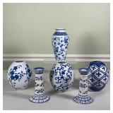(6pc) Decorative Blue & White | Including three pieces by Ballard Designs ovoid jars Dimensions: h. 