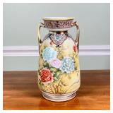 Hand Painted Nippon Vase | Flower decor, gold accents Dimensions: l. 5.5 x h. 10 in 