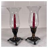 (2pc) Pair Candle Holders | With etched glass hurricane shades Dimensions: h. 12 in in 