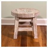 Carved Low Stool | Carved light wood stool Dimensions: h. 10 x dia. 12 in 