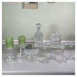 (9pc) Misc Cut Glass | Including an Atlantis decanter with stopper (height 10 in), a pair Ebeling & 