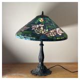 TIFFANY-STYLE-STAINED GLASS LAMP | Lily flower stained glass lamp on a cast metal base with lily pad