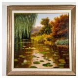 CHAMI OIL PAINTING | Original painting, oil on canvas, landscape showing water lilies in an autumn s
