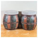 PAIR BOHEMIAN FOOT STOOLS | Fun! Barrel form footstools with colorful paint and ultra suede padded t