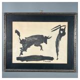 PICASSO BULL PRINT | Bullfighting print, signed in the plate "PICASSO", matted in a silvered frame; 