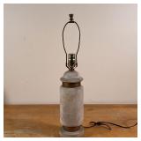 CHINESE ALABASTER TABLE LAMP | Alabaster or other stone, with engraved townscape scene and applied m