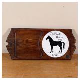 BLACK HORSE INN CUTTING BOARD | Wood cutting board or serving platter with a white inset plaque, "Th
