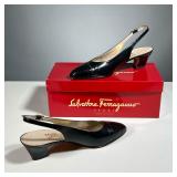 LADY’S FERRAGAMO SHOES | Salvatore Ferragamo black leather sling back heels, possibly size 10, in a 