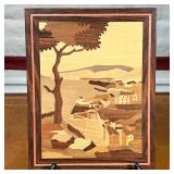 PARQUETRY WOOD ART | Showing a bayside scene with a tree, composed of inset contrasting woods Dimens