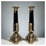 (2PC) PAIR ANTIQUE BRASS & ENAMEL CANDLESTICKS | Black enameled columns with brass base and hardware