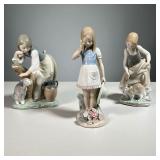 (3PC) LLADRÓ FIGURES | Made in Spain. Girl with vase and dog, girl with cat, girl with basket of flo