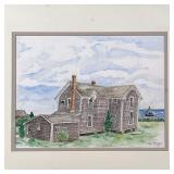 BEACH HOUSE WATERCOLOR | Framed under glass, a watercolor painting depicting a house by the sea, sig